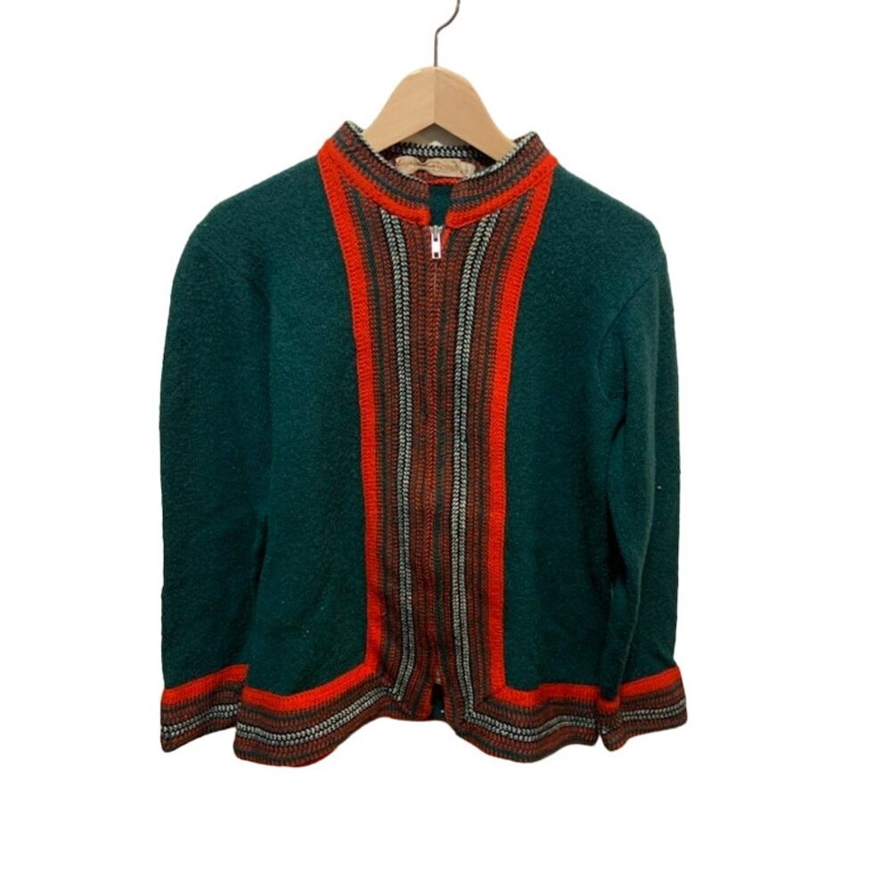 Vintage sweater wool Robert Markie of Scotland cardigan green and red